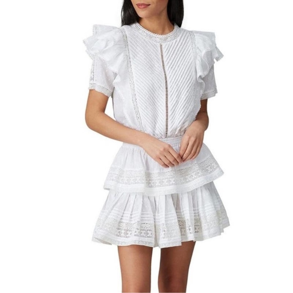 Maia Bergman Mery Mini Dress White Tiered Ruffle Lace Flutter Sleeve Medium